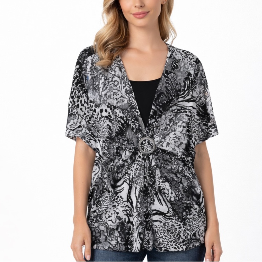 Essentials 2X Black & White Animal Print Blouse | Plus Size Stretch Top
